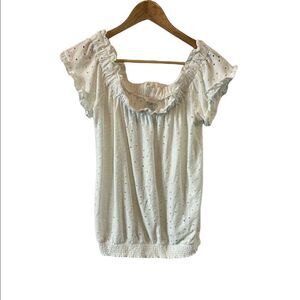 CUPIO White Eyelet Elastic Neckline Short Sleeve Elastic Bottom Bubble Top S